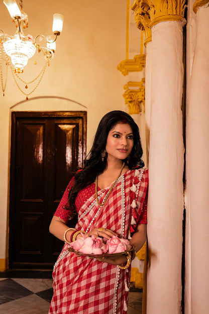 Red and White Checks Woven Cotton Gamcha Saree