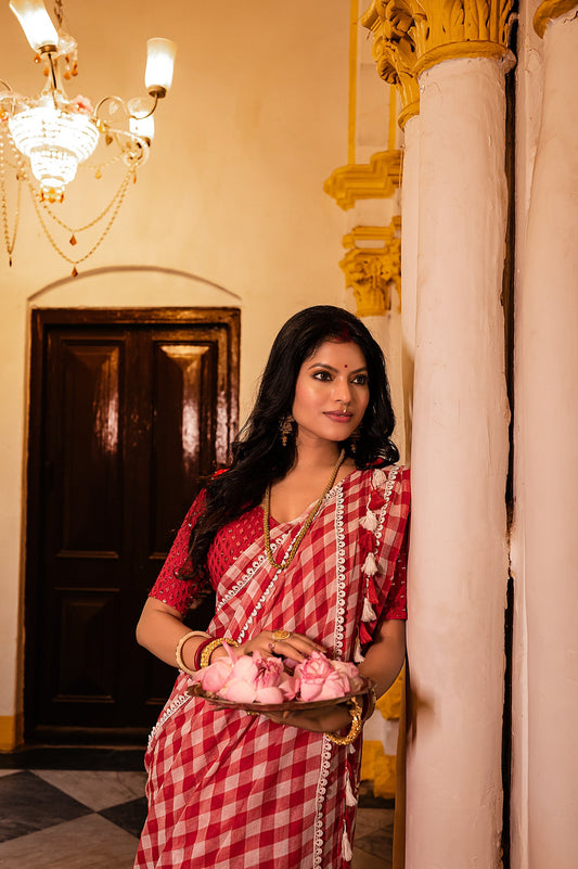 Red and White Checks Woven Cotton Gamcha Saree