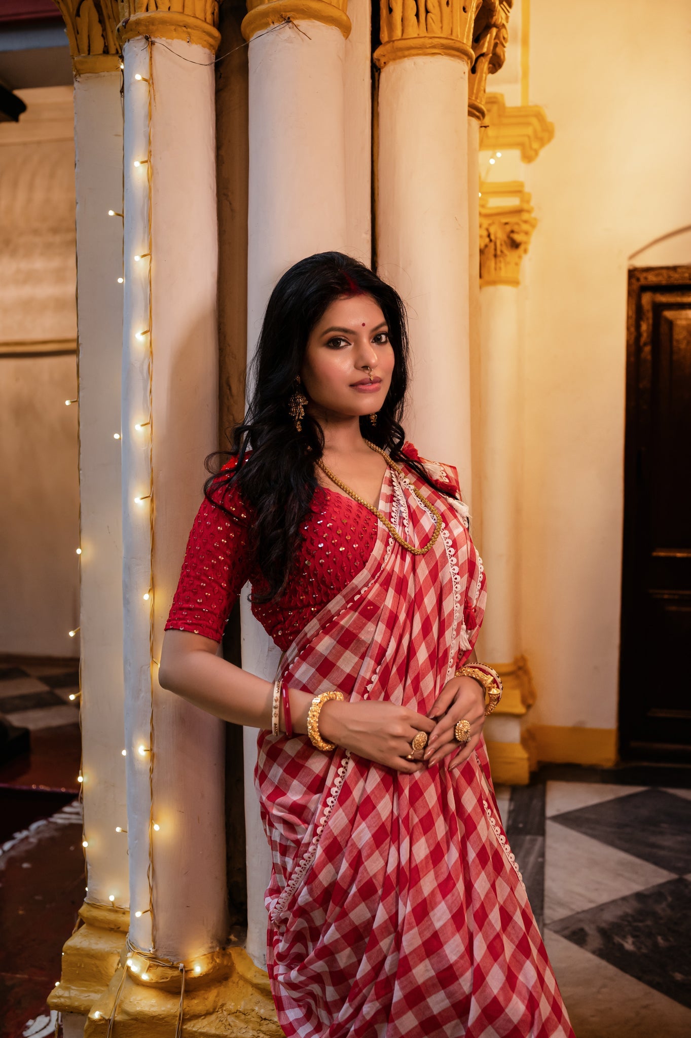 Red and White Checks Woven Cotton Gamcha Saree