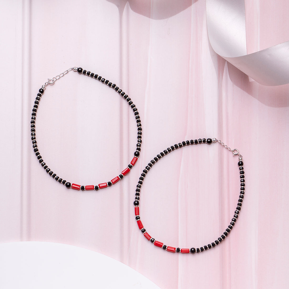 Classic Black & Red Beaded 925 Sterling Silver Anklet