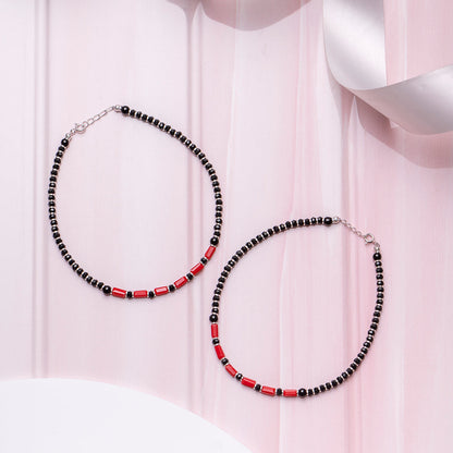 Classic Black & Red Beaded 925 Sterling Silver Anklet
