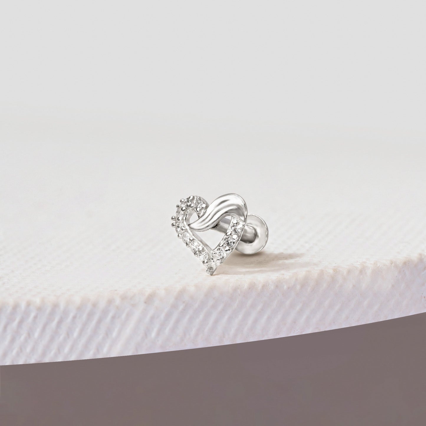 Wave-Heart Sparkle Silver Nose Pin