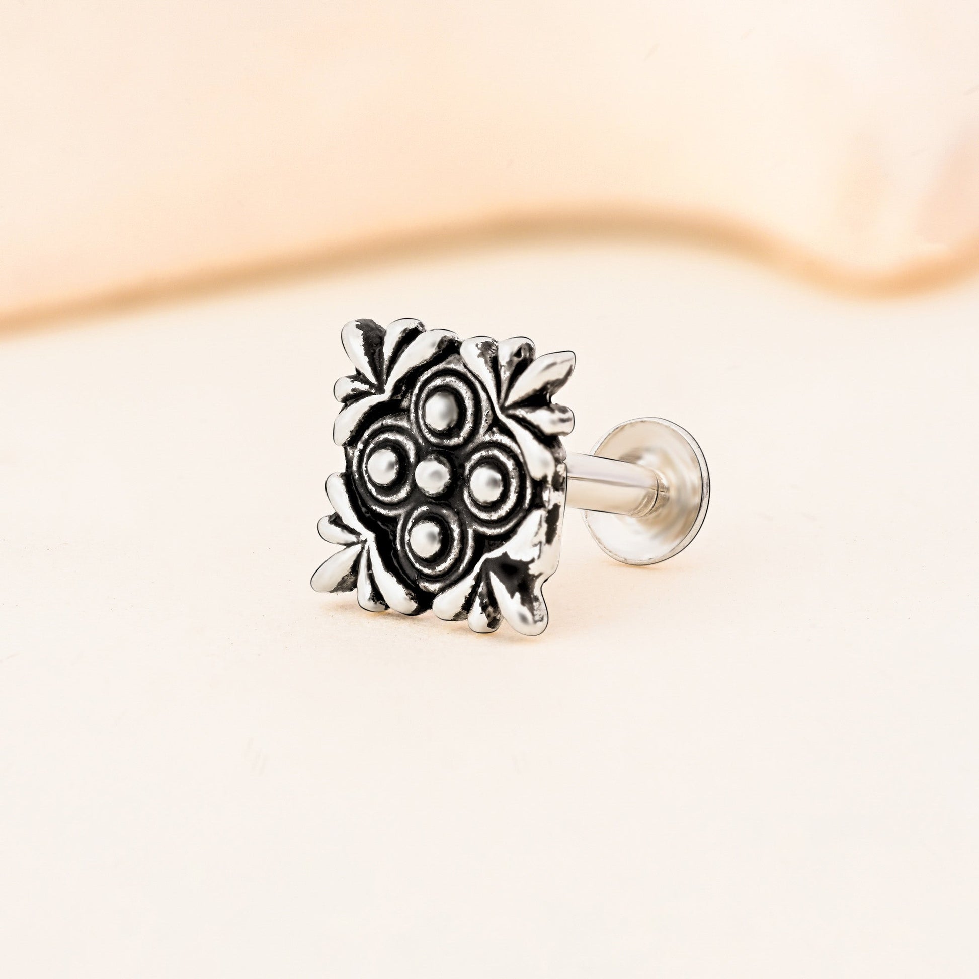 Oxidised Square Floral Silver Nose Pin
