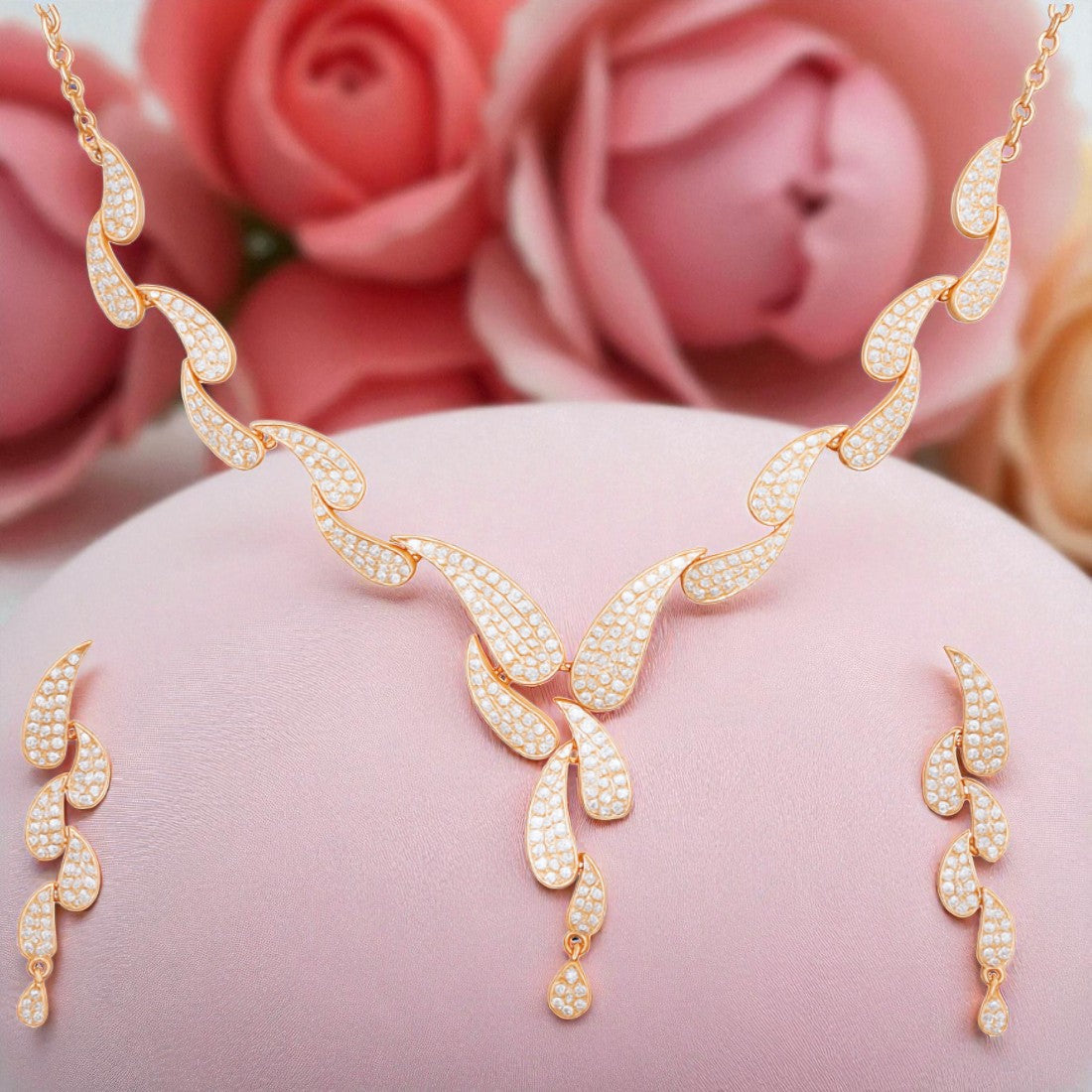 Rose Gold Plated Necklace with Drop Earrings For Women & Girls