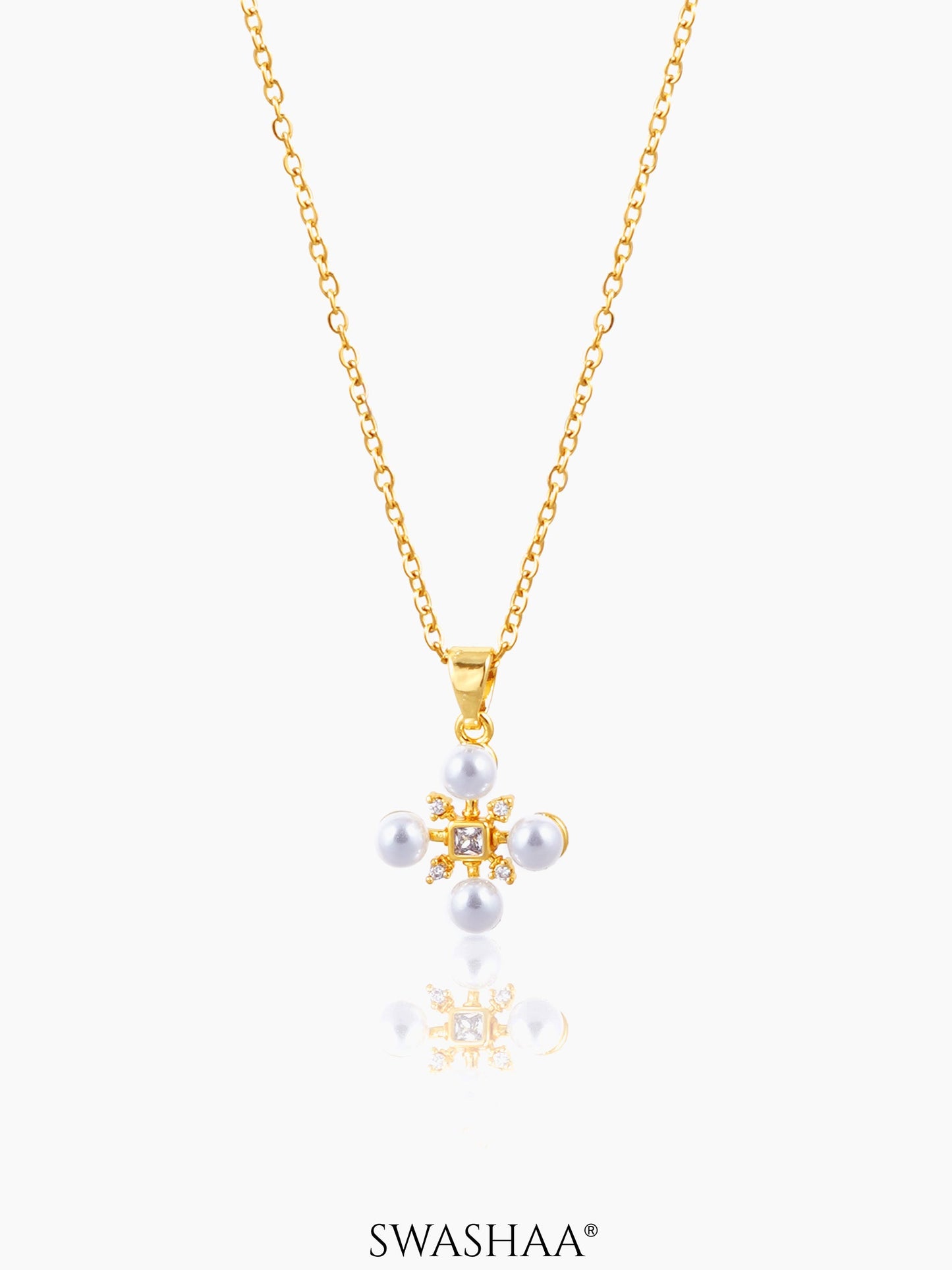 Dahlia Pearl Stones Charm 18K Gold Plated Cross Chain Pendant Necklace