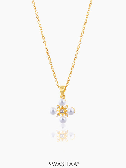 Dahlia Pearl Stones Charm 18K Gold Plated Cross Chain Pendant Necklace