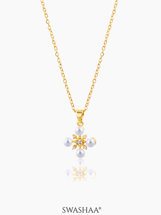 Dahlia Pearl Stones Charm 18K Gold Plated Cross Chain Pendant Necklace