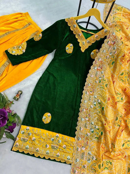 Daman Embroidery Work Winter Special Velvet Kurti Patiyala Pant Dupatta Set (Ready to Wear) Ethenika.com
