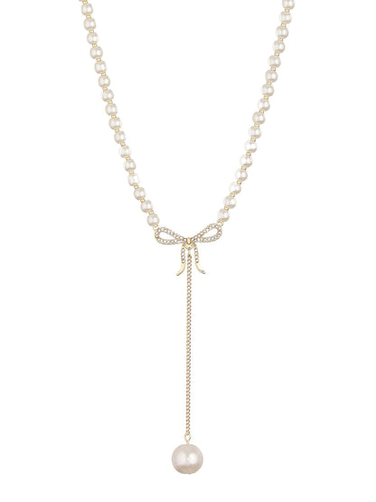 Prita by Priyaasi Studded Bow Pearl Drop Chain Gold-Plated Necklace