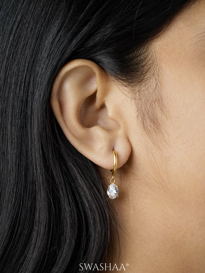 Denali Oval Cut Solitaire Drop Stone 18K Gold Plated Hoop Dangling Earrings