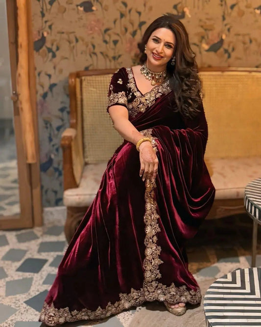 Designer Sequence Zari Work Party Wear Velvet Saree Ethenika.com