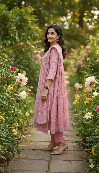 Pink And White 3 Piece Set Cotton Kurti Set For Women
