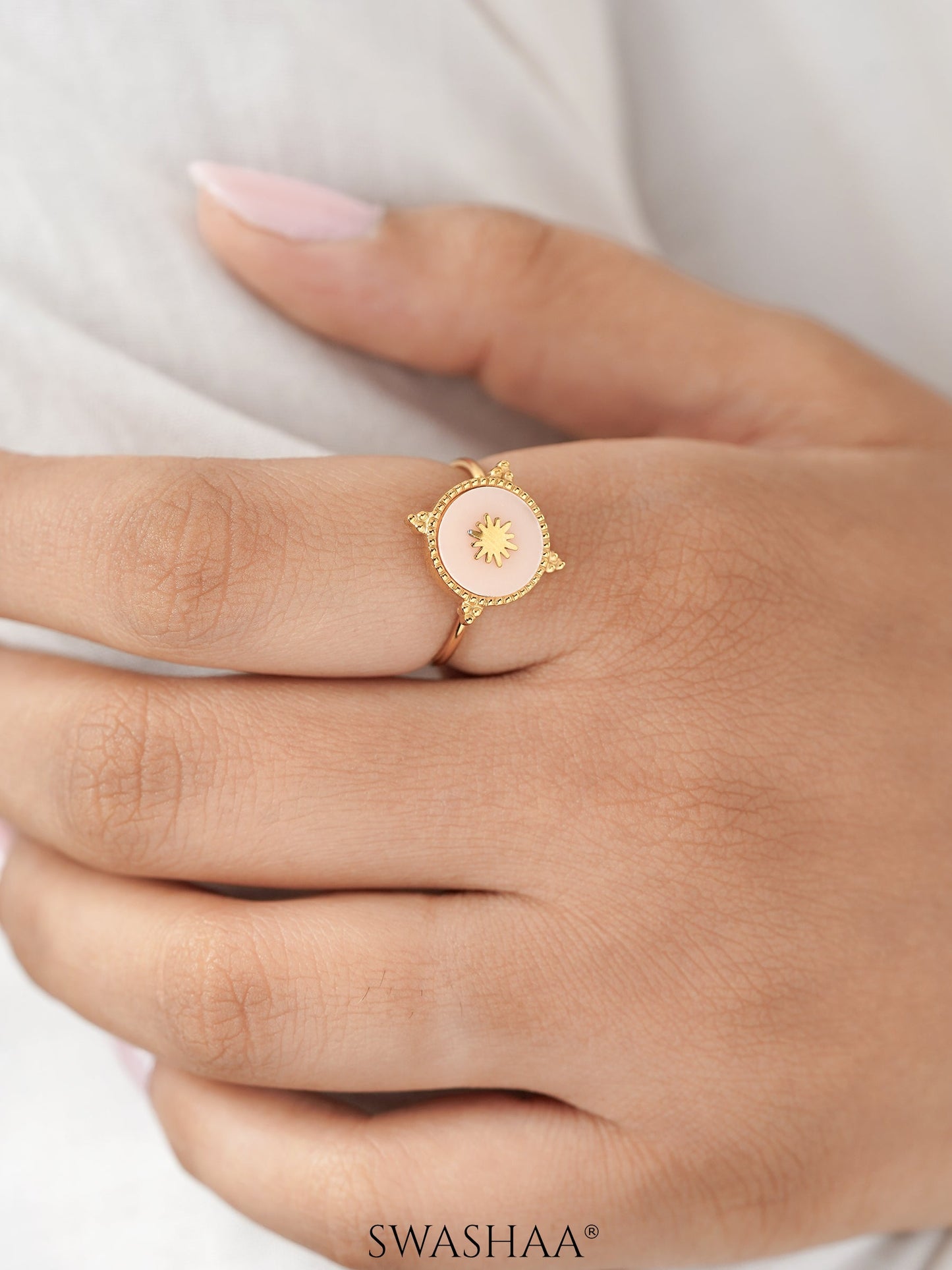 Domicia Pinkface Sunbrust Dotted Frame 18K Gold Plated Ring