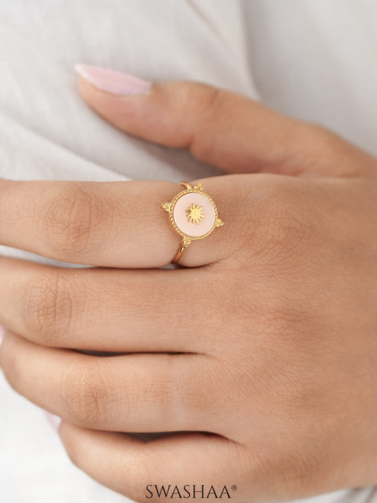Domicia Pinkface Sunbrust Dotted Frame 18K Gold Plated Ring