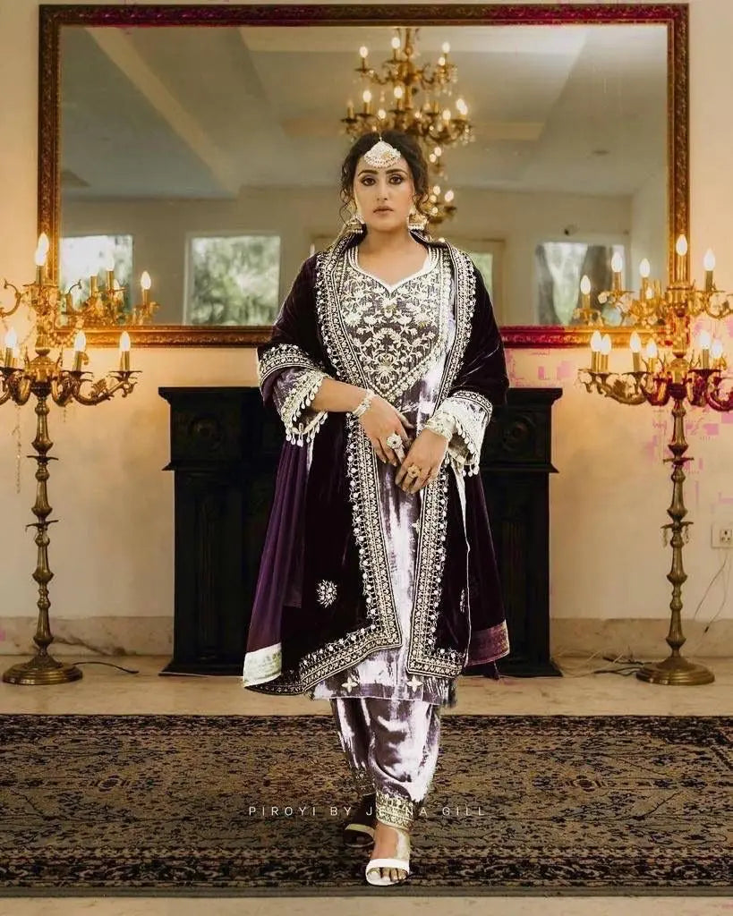 Thread Embroidery work Winter Velvet Suit (Stitched) - Premium  from Ethenika.com - Just INR 2590! Shop now at Ethenika.com 
