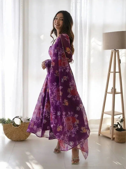 Organza Floral Digital Print Flair Dress Suit - Premium  from Ethenika.com - Just INR 1590! Shop now at Ethenika.com 