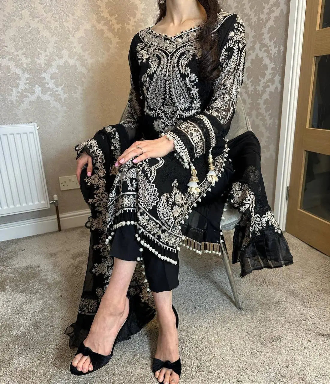 Georgette Zari Embroidery work Long Kurti Palazzo Dupatta Set - Premium  from Ethenika.com - Just INR 2890! Shop now at Ethenika.com 