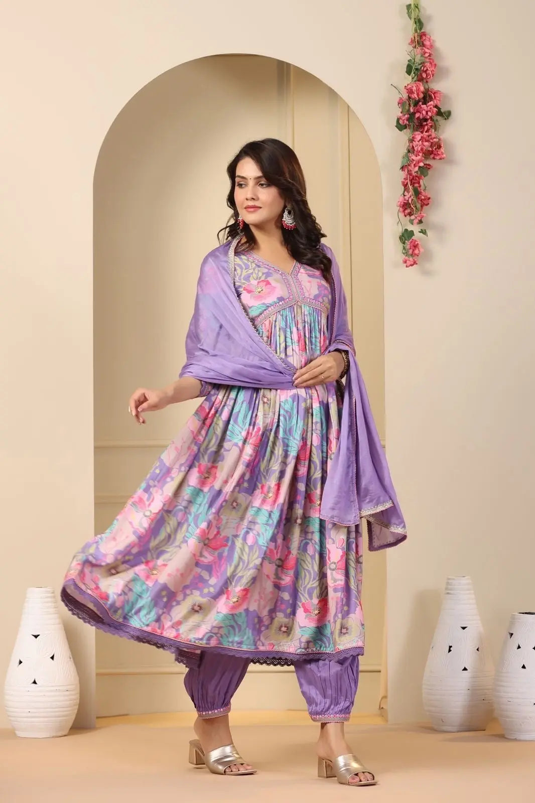 Muslin Alia Cut Zari Embroidery Digital Print work Kurti Pant Set (Stitched) - Premium  from Ethenika.com - Just INR 1990! Shop now at Ethenika.com 
