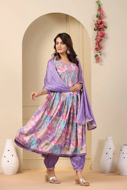 Muslin Alia Cut Zari Embroidery Digital Print work Kurti Pant Set (Stitched) - Premium  from Ethenika.com - Just INR 1990! Shop now at Ethenika.com 