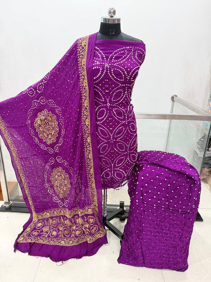 Modal Silk Original Hand Crafted Silk 3pc Bandhani Dress Material