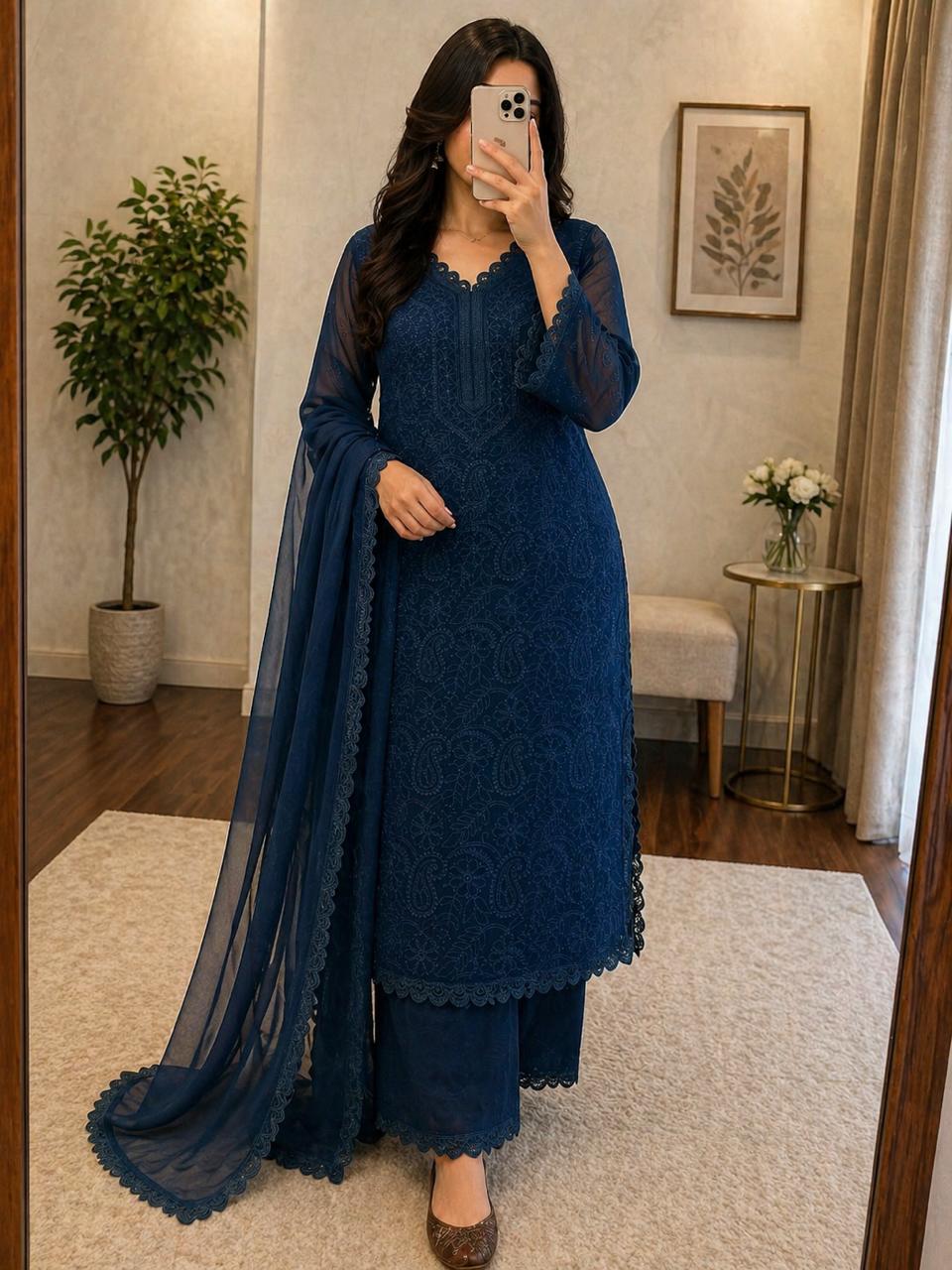 Blue Color Chikankari Kurti Palazzo Set