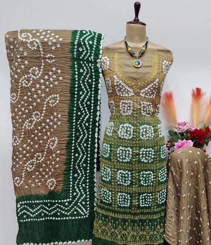 Cotton Satin Golden Thread Embroidery 3pc Kutch Bandhani Salwar Dress Material - Premium  from Ethenika.com - Just INR 2190! Shop now at Ethenika.com 