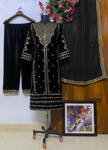 Sequence Embroidery work Pakistani Velvet Kurti Pant Dupatta Set (Stitched) - Premium  from Ethenika.com - Just INR 3190! Shop now at Ethenika.com 
