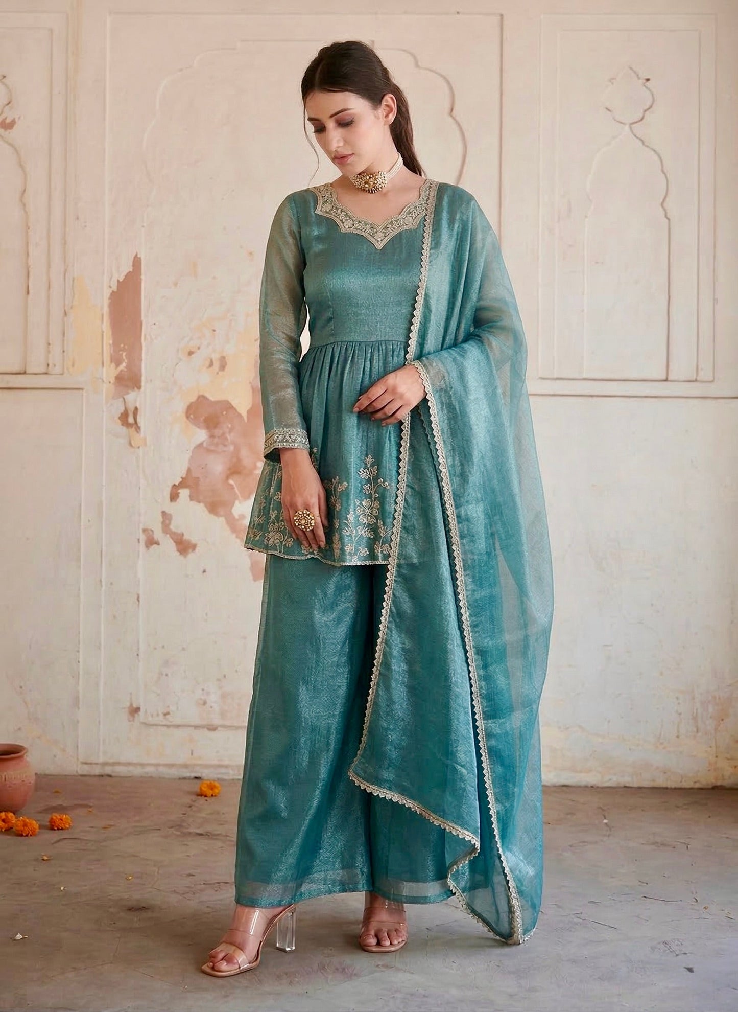 Blue Embroidered Sharara Suit for Women
