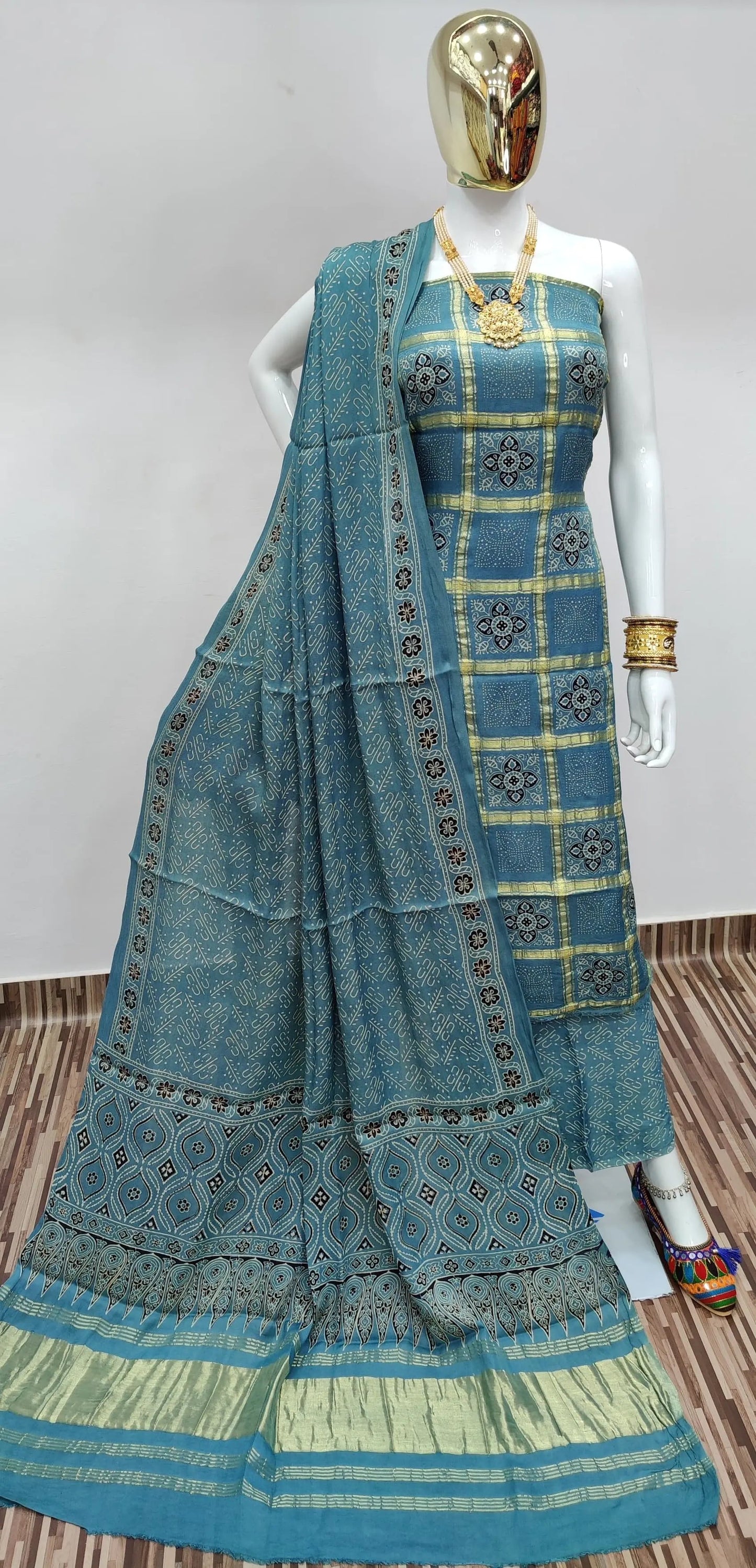 Ghazi Silk Golden Chex Hand print dress material - Premium  from Ethenika.com - Just INR 6999! Shop now at Ethenika.com 