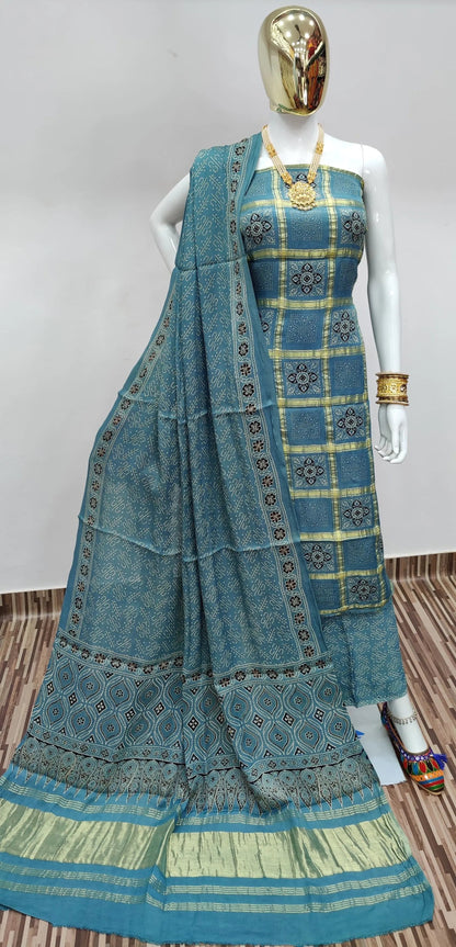 Ghazi Silk Golden Chex Hand print dress material - Premium  from Ethenika.com - Just INR 6999! Shop now at Ethenika.com 