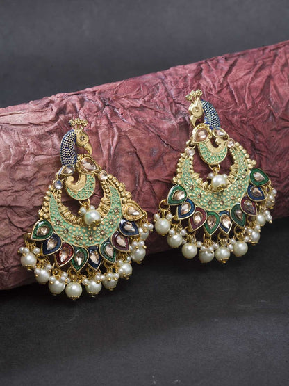 Gold Plated Green Peacock Inspired Party Wear Earrings