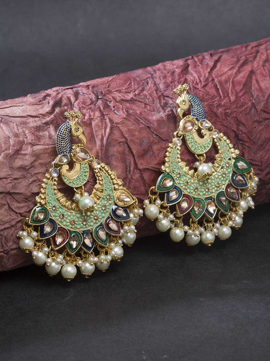 Gold Plated Green Peacock Inspired Party Wear Earrings