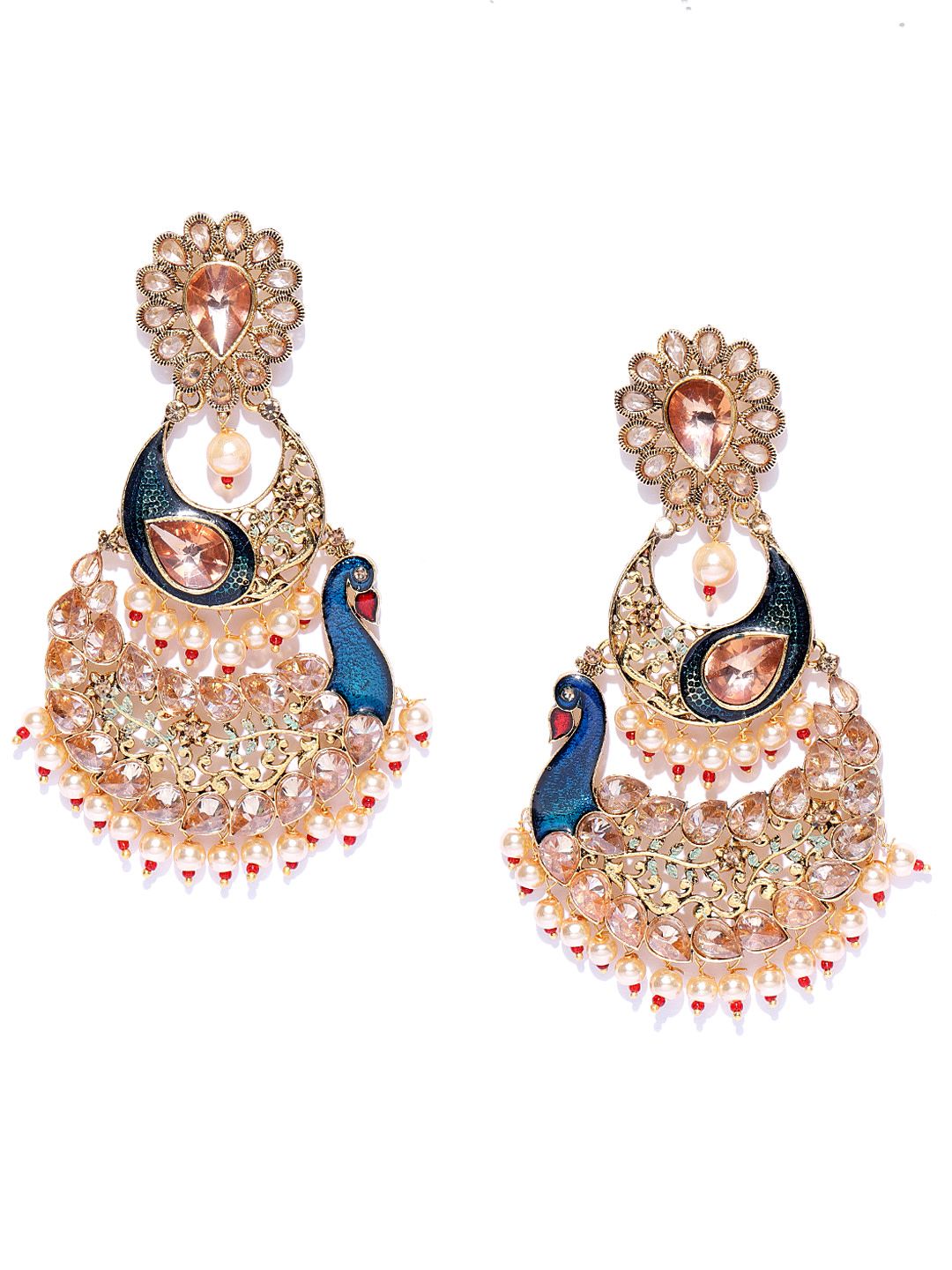 Gold Plated Peacock Inspired Blue Party Wear Earrings