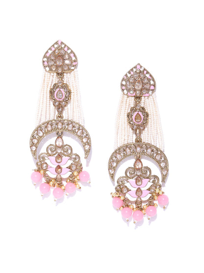 Gold-Plated Meenakari Drop Earrings in Pink and White Color with Beads Drop