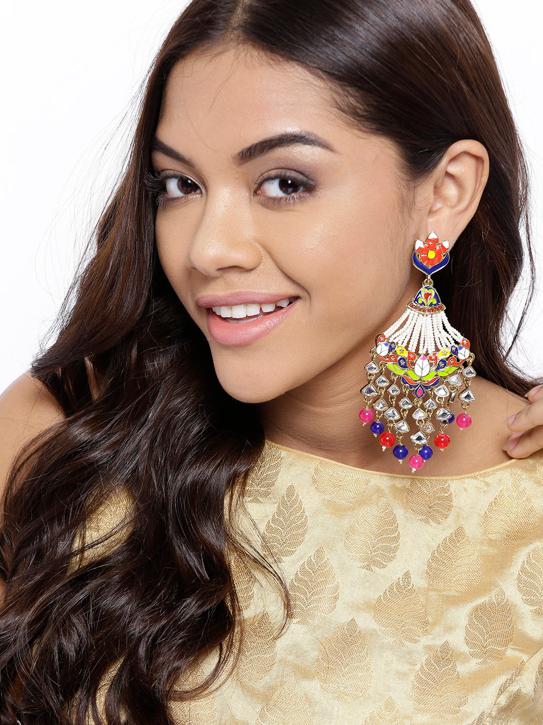 Gold-Plated Kundan Studded Meenakari Drop Earrings with Beads Drop in Multicolor