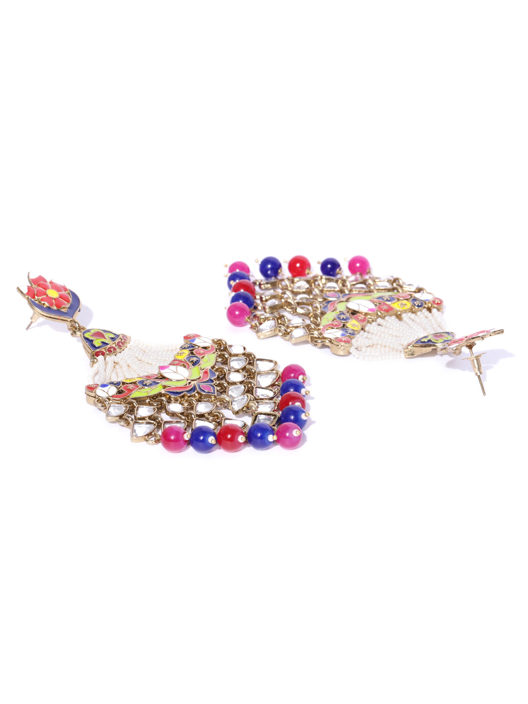 Gold-Plated Kundan Studded Meenakari Drop Earrings with Beads Drop in Multicolor