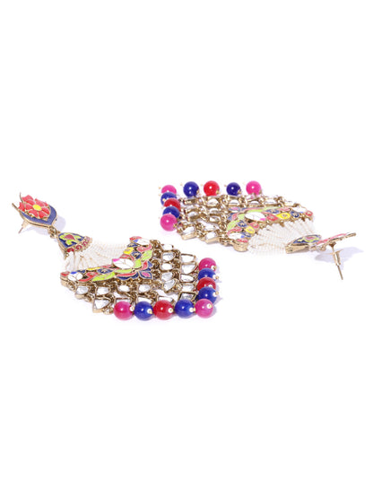 Gold-Plated Kundan Studded Meenakari Drop Earrings with Beads Drop in Multicolor