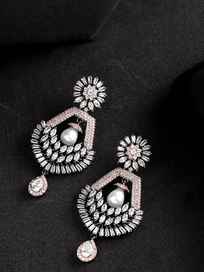 Sparkling Rose Gold Plated American Diamond Drop Earring For Women And Girls