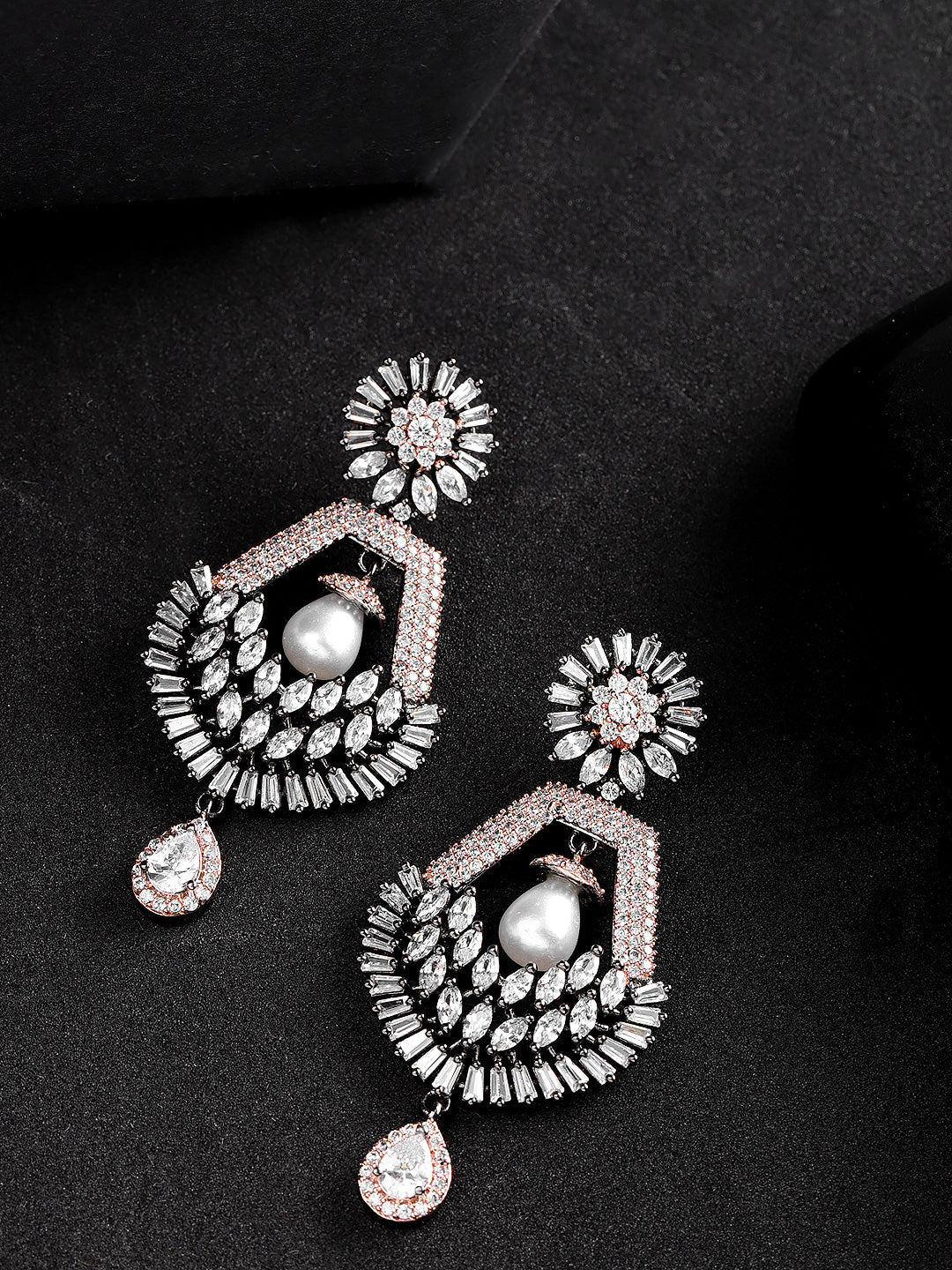 Sparkling Rose Gold Plated American Diamond Drop Earring For Women And Girls