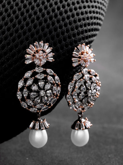 Floral Shaped American Diamond Earring With Pearl Drop For Women And Girls
