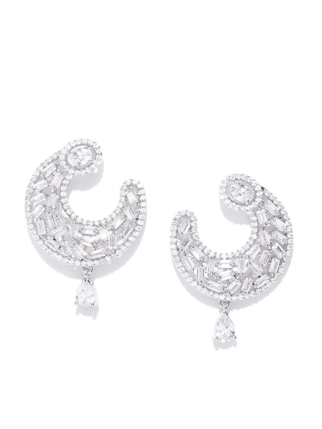 Rhodium-Plated American Diamond Studded Drop Earrings