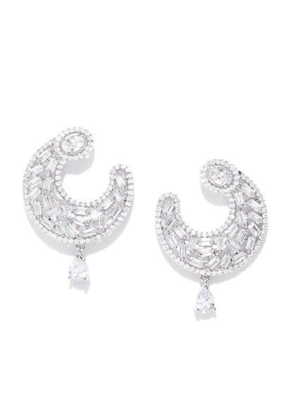 Rhodium-Plated American Diamond Studded Drop Earrings