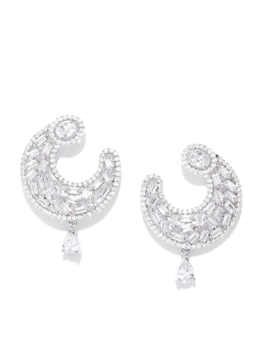 Rhodium-Plated American Diamond Studded Drop Earrings
