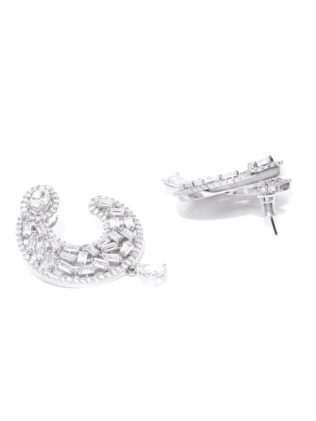 Rhodium-Plated American Diamond Studded Drop Earrings