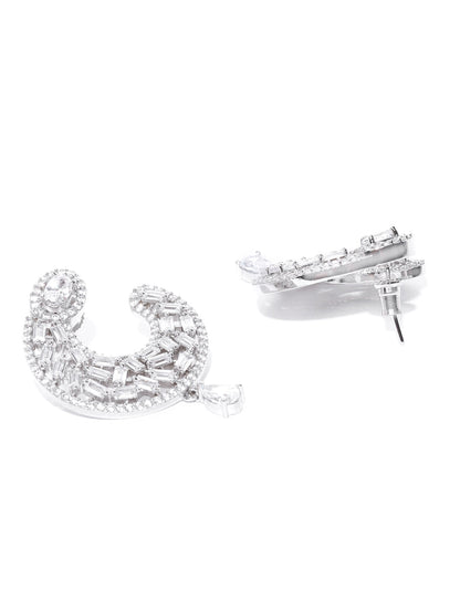 Rhodium-Plated American Diamond Studded Drop Earrings