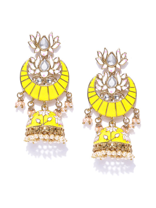 Handpainted Gold Plated Yellow lotus Inspired Jhumka Earring For Women And Girls