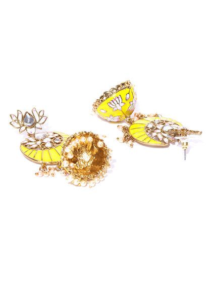 Handpainted Gold Plated Yellow lotus Inspired Jhumka Earring For Women And Girls