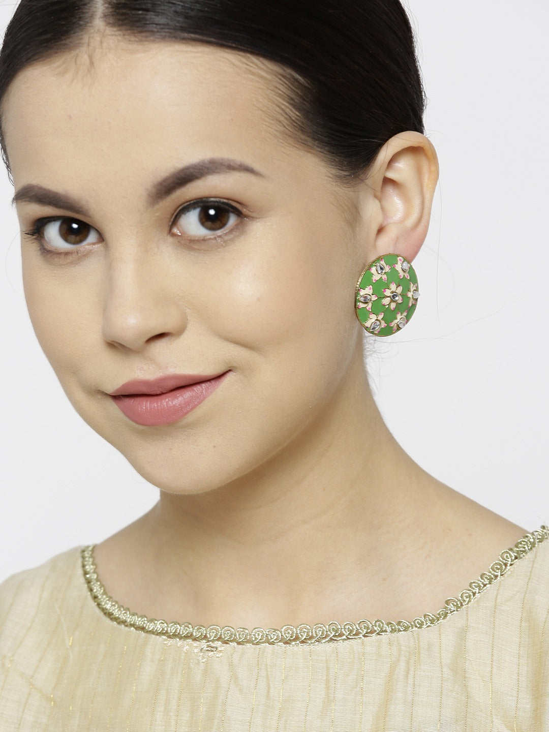 Hand Painted Round Green Colour Floran Stud Earring For Women And Girls