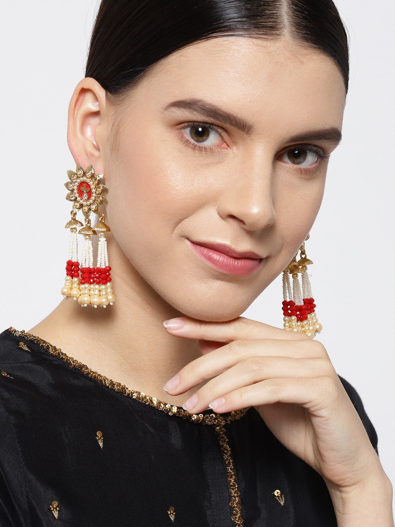 Floral Gold Plated Maroon Drop Earrings With Hanging Beads And Pearls For Women