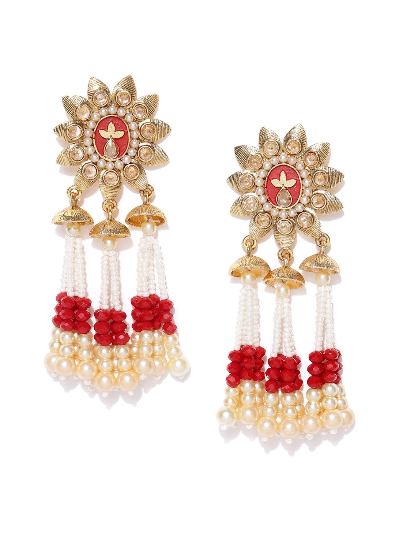 Floral Gold Plated Maroon Drop Earrings With Hanging Beads And Pearls For Women